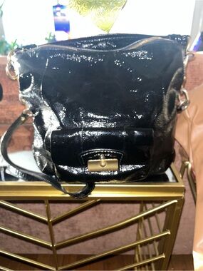 Coach Black Patent Leather Hobo with Gold-Tone Clasp